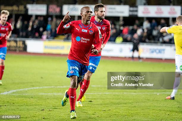 Bradley Ralani of Helsingborgs IF celebrates after scoring 0-3 during the Allsvenskan match between Falkenbergs FF and Helsingborgs IF at Falkenbergs...