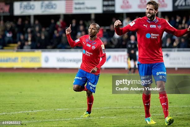 Bradley Ralani of Helsingborgs IF celebrates after scoring 0-3 during the Allsvenskan match between Falkenbergs FF and Helsingborgs IF at Falkenbergs...