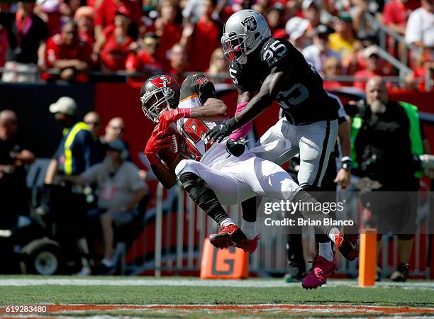 Wide receiver Russell Shepard of the Tampa Bay Buccaneers hauls in a 19 yard pass from quarterback Jameis Winston in front of cornerback D.J. Hayden...