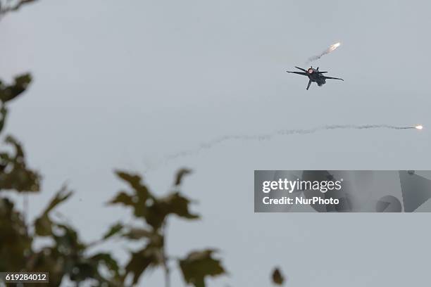 Hellenic Air Force F-16 takes part at the annual military parade in the northern Greek port city of Thessaloniki, Oct. 28, 2016. The parade is held...