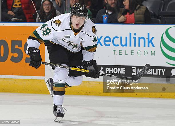 Max Jones of the London Knights skates against the Sarnia Sting during an OHL game at Budweiser Gardens on October 29, 2016 in London, Ontario,...
