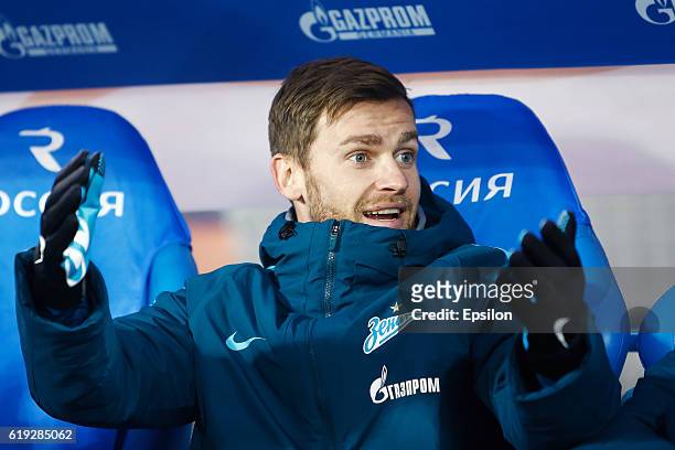 Nicolas Lombaerts of FC Zenit St. Petersburg reacts during the Russian Football League match between FC Zenit St. Petersburg and FC Tom Tomsk at...