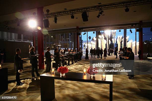 View of the cocktail reception at the 2016 LACMA Art + Film Gala Honoring Robert Irwin and Kathryn Bigelow Presented By Gucci at LACMA on October 29,...