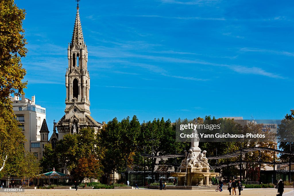 Esplanade Charles de Gaulle, the Saint Perpetue church, Nimes, Gard, France