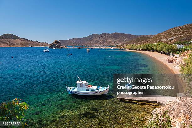 petra beach in patmos island - dodecanese islands stock-fotos und bilder