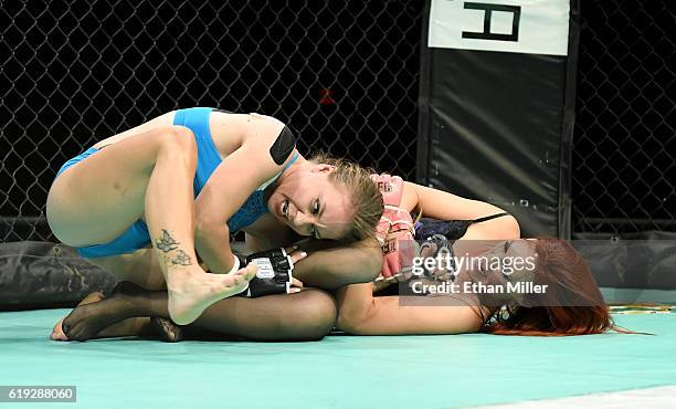 Fighters Andreea "The Storm" Vladoi and Jolene "The Valkyrie" Hexx compete during Lingerie Fighting Championships 22: Costume Brawl I" at 4 Bears...