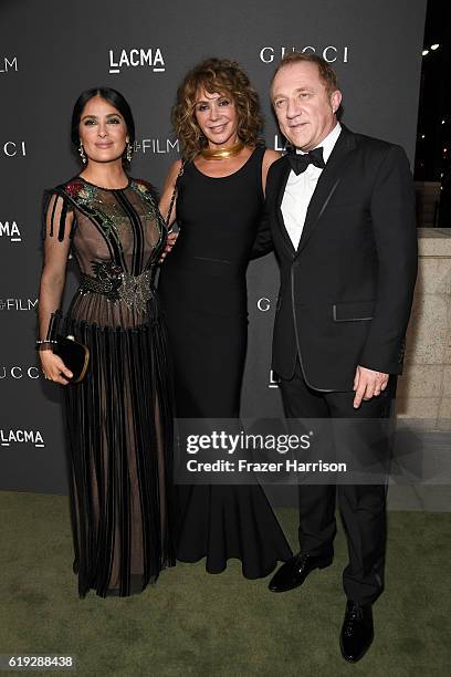 Actress Salma Hayek, Giannina Facio Scott and CEO of Kering Francois-Henri Pinault attend the 2016 LACMA Art + Film Gala honoring Robert Irwin and...