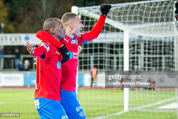 Bradley Ralani of Helsingborgs IF and Jordan Larsson of Helsingborgs IF celebrates after Bradley Ralani of Helsingborgs IF scores 0-3 during the...