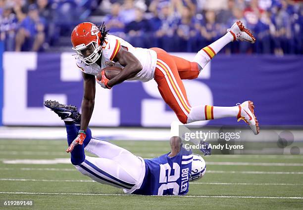 Chris Conley of the Kansas City Chiefs is tackled by Darius Butler of the Indianapolis Colts during the game at Lucas Oil Stadium on October 30, 2016...