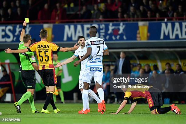 Stefan Mitrovic defender of KAA Gent is shown a yellow card during the Jupiler Pro League match between KV Mechelen and KAA Gent on October 30, 2016...