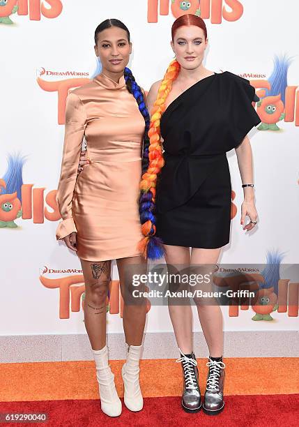 Singers Aino Jawo and Caroline Hjelt of Icona Pop arrive at the Los Angeles premiere of 20th Century Fox's 'Trolls' at Regency Village Theatre on...