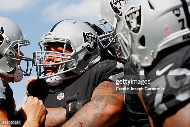Tackle Donald Penn of the Oakland Raiders is congratulated by teammates after catching a touchdown pass in the third quarter against the Tampa Bay...
