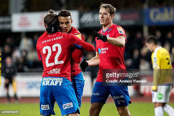 Tyrell Rusike of Helsingborgs IF celebrates after scoring 0-4 during the Allsvenskan match between Falkenbergs FF and Helsingborgs IF at Falkenbergs...
