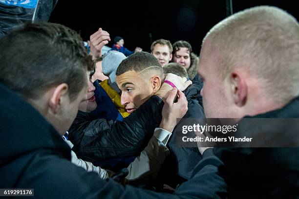 Jordan Larsson of Helsingborgs IF celebrates the victory with fans after the Allsvenskan match between Falkenbergs FF and Helsingborgs IF at...