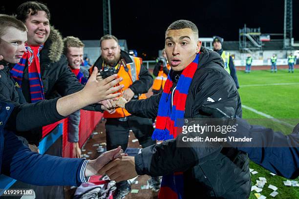 Jordan Larsson of Helsingborgs IF celebrates the victory with fans after the Allsvenskan match between Falkenbergs FF and Helsingborgs IF at...