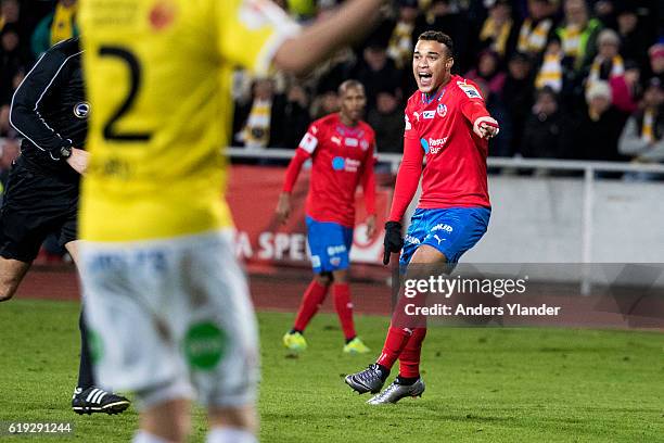 Tyrell Rusike of Helsingborgs IF reacts during the Allsvenskan match between Falkenbergs FF and Helsingborgs IF at Falkenbergs IP on October 30, 2016...