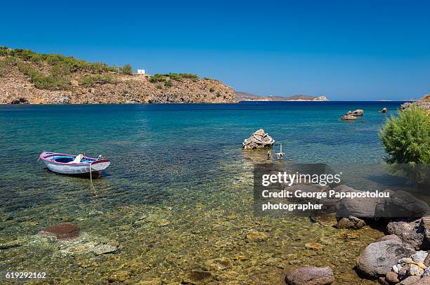 small greek traditional boat in patmos island - aegean sea stock pictures, royalty-free photos & images