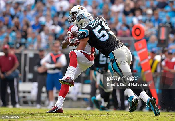 Luke Kuechly of the Carolina Panthers tackles John Brown of the Arizona Cardinals in the 4th quarter during the game at Bank of America Stadium on...