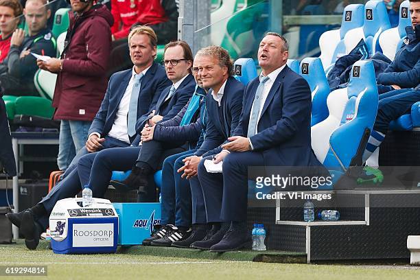 Caretaker Erwin Vloedgraven of PEC Zwolle, assistant trainer Gert Peter de Gunst of PEC Zwolle, coach Ron Jans of PEC Zwolleduring the Dutch...