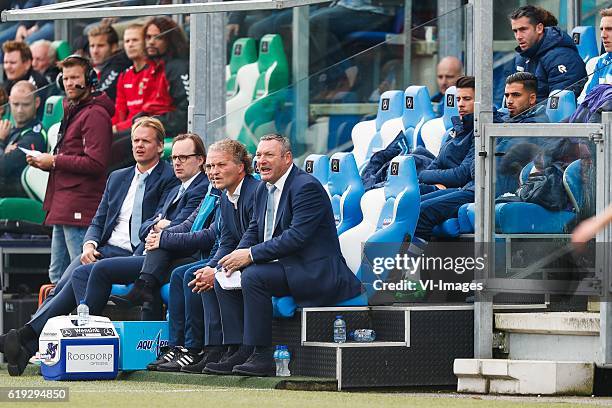 Caretaker Erwin Vloedgraven of PEC Zwolle, assistant trainer Gert Peter de Gunst of PEC Zwolle, coach Ron Jans of PEC Zwolleduring the Dutch...