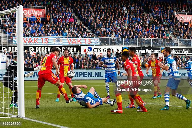 Goalkeeper Theo Zwarthoed of Go Ahead Eagles, Sander Fischer of Go Ahead Eagles, Sander Duits of Go Ahead Eagles, Ted van de Pavert of PEC Zwolle,...