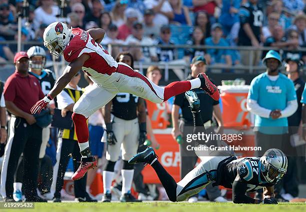 David Johnson of the Arizona Cardinals leaps over Robert McClain of the Carolina Panthers in the 3rd quarter during the game at Bank of America...