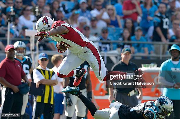 David Johnson of the Arizona Cardinals leaps over Robert McClain of the Carolina Panthers in the 3rd quarter during the game at Bank of America...