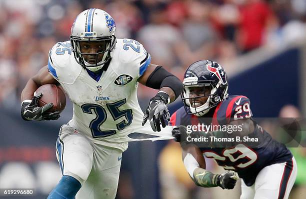 Andre Hal of the Houston Texans grabs the jersey of Theo Riddick of the Detroit Lions in the fourth quarter at NRG Stadium on October 30, 2016 in...