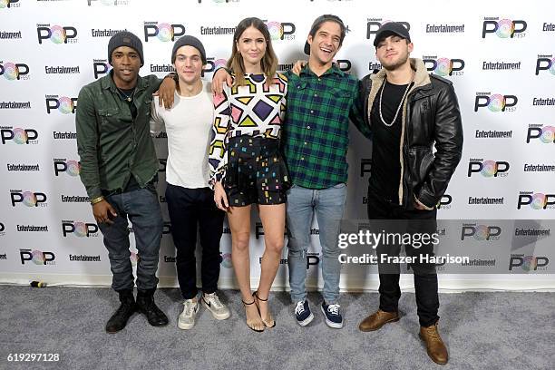 Actors Khylin Rambo, Dylan Sprayberry, Shelley Hennig, Tyler Posey and Cody Christian pose backstage during Entertainment Weekly's PopFest at The...