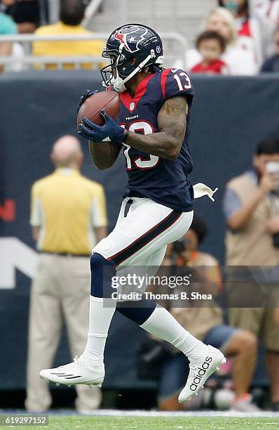 Braxton Miller of the Houston Texans catches a pass in the fourth quarter against the Detroit Lions at NRG Stadium on October 30, 2016 in Houston,...