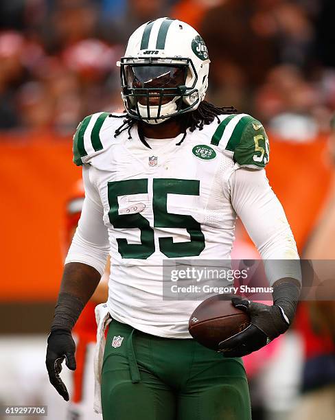 Lorenzo Mauldin of the New York Jets celebrates his interception during the fourth quarter against the Cleveland Browns at FirstEnergy Stadium on...