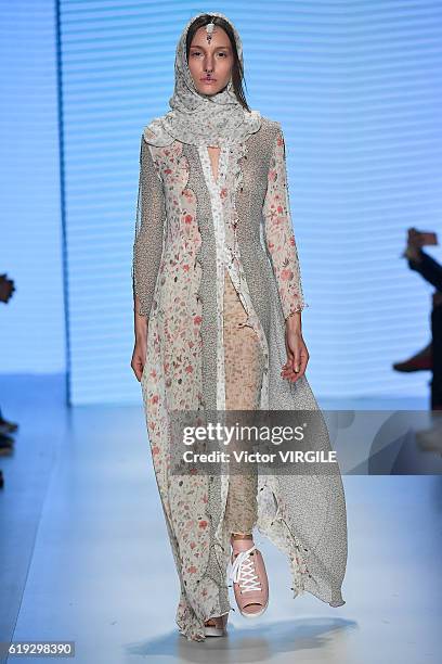 Model walks the runway during the Helo Rocha show at Sao Paulo Fashion Week Fall/Winter 2017 on October 27, 2016 in Sao Paulo, Brazil.