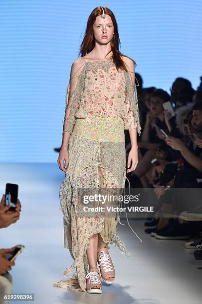 Model walks the runway during the Helo Rocha show at Sao Paulo Fashion Week Fall/Winter 2017 on October 27, 2016 in Sao Paulo, Brazil.