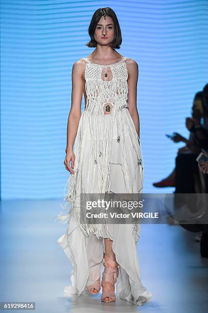 Model walks the runway during the Helo Rocha show at Sao Paulo Fashion Week Fall/Winter 2017 on October 27, 2016 in Sao Paulo, Brazil.