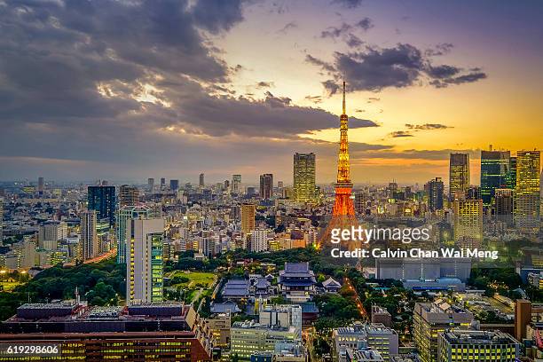 sunset view of tokyo cityscape - japan - tokyo temple stock pictures, royalty-free photos & images