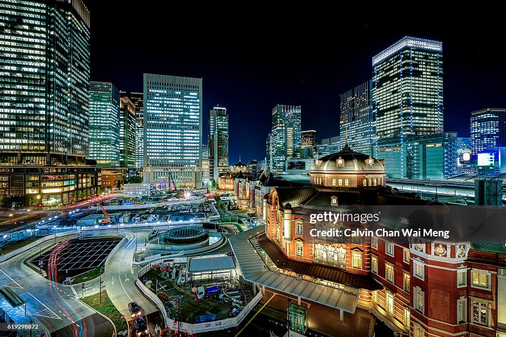 Night view of Tokyo station and commercial buildings