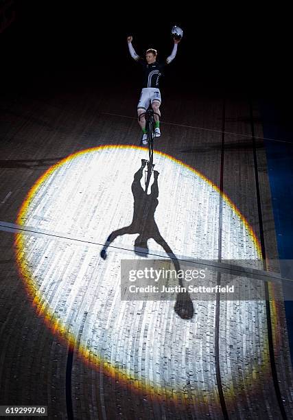 Joachim Eielers celebrates winning the Sprint during the Six Day London Cycling at the Velodrome on October 30, 2016 in London, England.