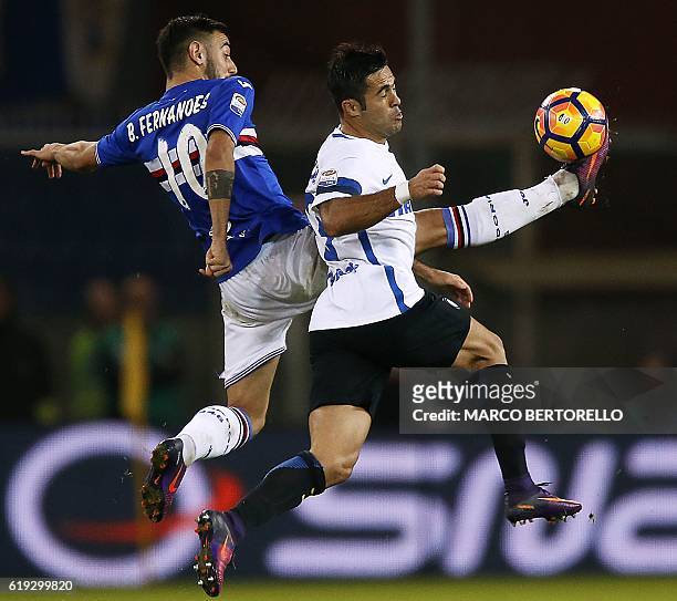 Sampdoria's Portuguese midfielder Bruno Miguel Fernandes vies for the ball with Inter Milan's Italian forward Eder Citadin Martins during the Italian...