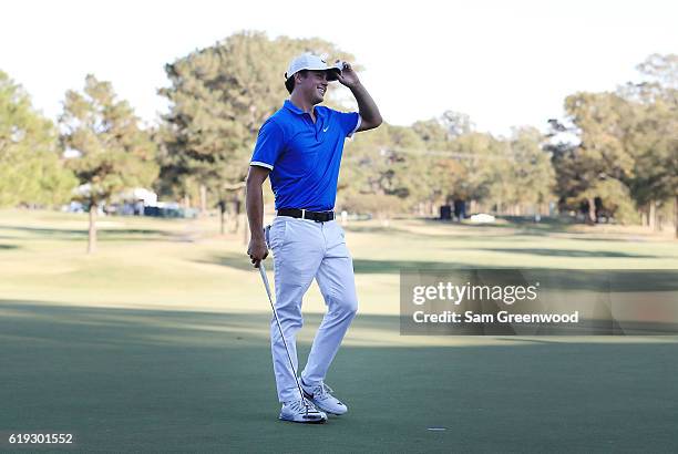 Cody Gribble reacts to his putt after winning the tournament on the 18th hole during the Final Round of the Sanderson Farms Championship at the...