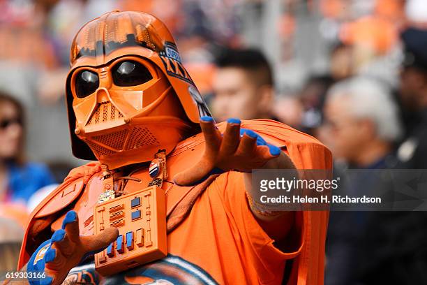 Denver Broncos fan wears a festive costume as the team plays the San Diego Chargers during the first quarter on Sunday, October 30, 2016. The Denver...