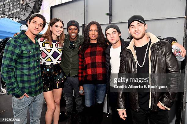 Actors Tyler Posey, Shelley Hennig, Khylin Rambo, Garcelle Beauvais, Dylan Sprayberry and Cody Christian poses backstage during Entertainment...