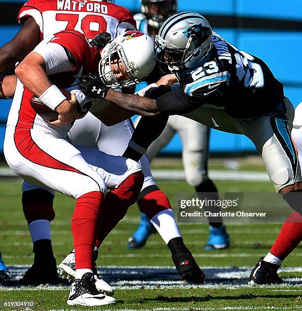 Carolina Panthers cornerback Leonard Johnson, right, sacks Arizona Cardinals quarterback Carson Palmer, left, during the second quarter on Sunday,...