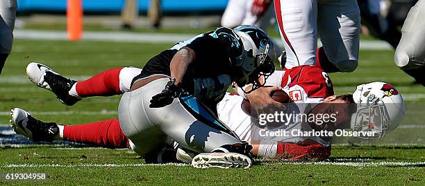 Arizona Cardinals quarterback Carson Palmer's helmet flies off as he is sacked by Carolina Panthers cornerback Leonard Johnson, left, during the...