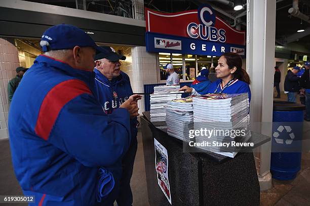 Vendor sells programs before Game Five of the 2016 World Series between the Chicago Cubs and the Cleveland Indians at Wrigley Field on October 30,...