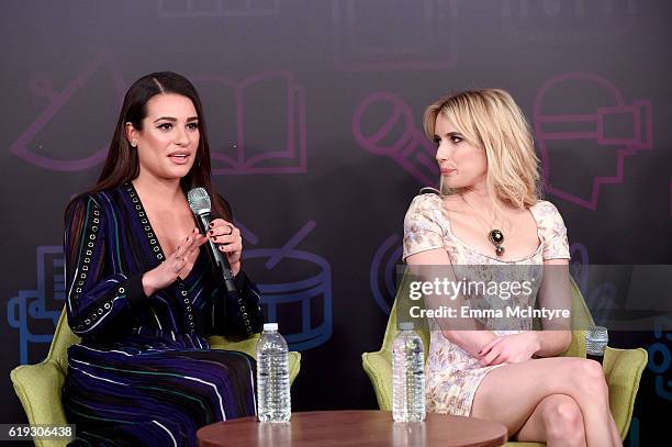 Actresses Lea Michele and Emma Roberts speak onstage during the "Ryan Murphy and Friends" panel at Entertainment Weekly's PopFest at The Reef on...