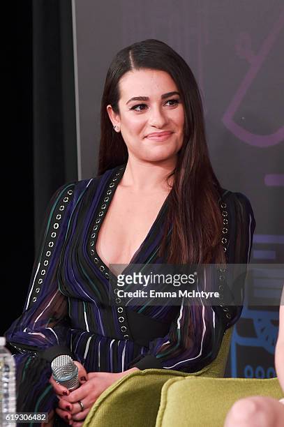 Actress Lea Michele speaks onstage during the "Ryan Murphy and Friends" panel at Entertainment Weekly's PopFest at The Reef on October 30, 2016 in...