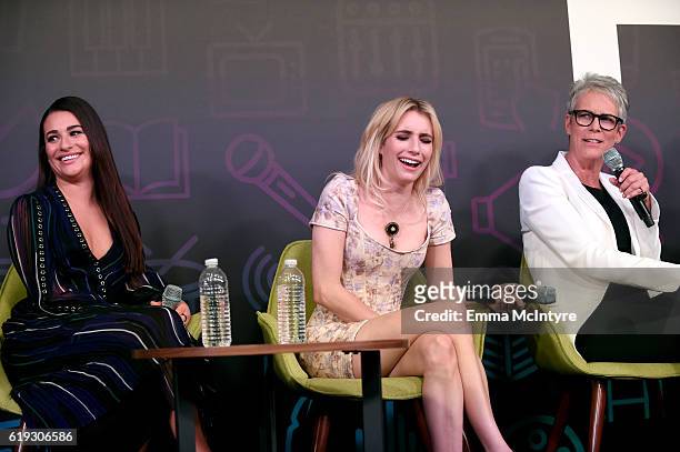 Actresses Lea Michele, Emma Roberts and Jamie Lee Curtis speak onstage during the "Ryan Murphy and Friends" panel at Entertainment Weekly's PopFest...