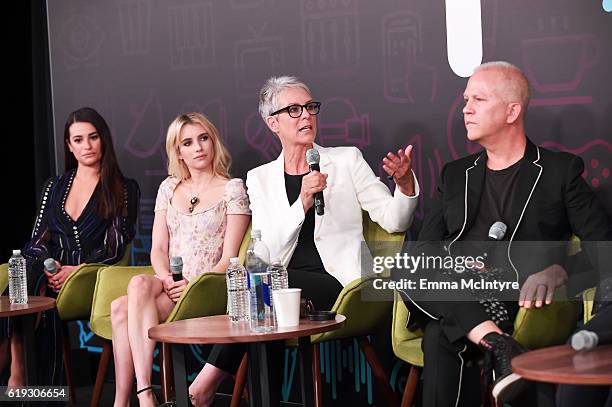Actresses Lea Michele, Emma Roberts, Jamie Lee Curtis and filmmaker Ryan Murphy speak onstage during the "Ryan Murphy and Friends" panel at...
