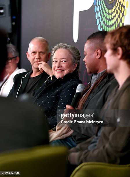 Filmmaker Ryan Murphy, actors Kathy Bates, Cuba Gooding Jr. And Evan Peters speak onstage during the "Ryan Murphy and Friends" panel at Entertainment...