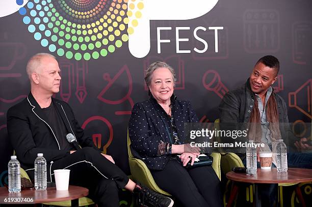 Filmmaker Ryan Murphy, actors Kathy Bates and Cuba Gooding Jr. Speak onstage during the "Ryan Murphy and Friends" panel at Entertainment Weekly's...